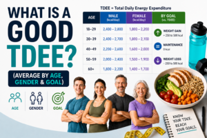 Infographic showing good TDEE (Total Daily Energy Expenditure) averages by age, gender, and fitness goals including weight loss, maintenance, and muscle gain