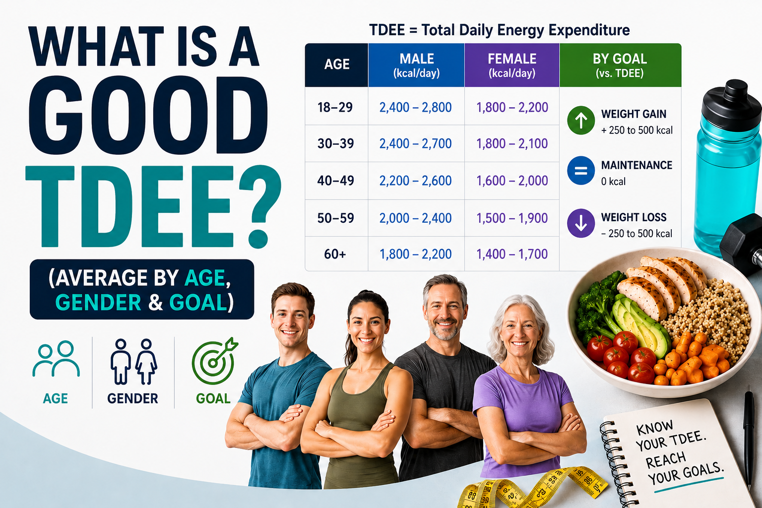 Infographic showing good TDEE (Total Daily Energy Expenditure) averages by age, gender, and fitness goals including weight loss, maintenance, and muscle gain
