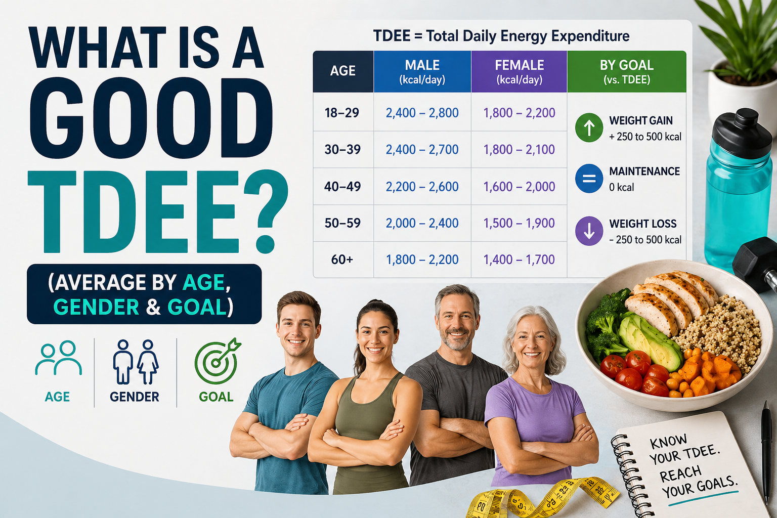 Infographic showing good TDEE (Total Daily Energy Expenditure) averages by age, gender, and fitness goals including weight loss, maintenance, and muscle gain
