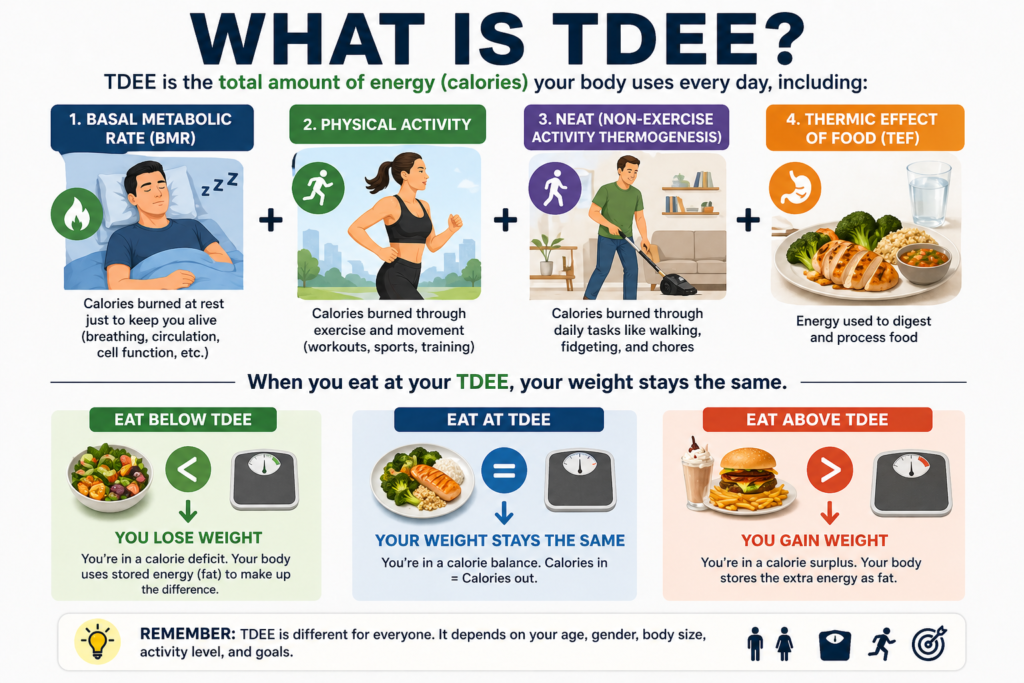 What is a Good TDEE infographic explaining total daily energy expenditure including BMR physical activity NEAT and thermic effect of food with weight loss and maintenance examples